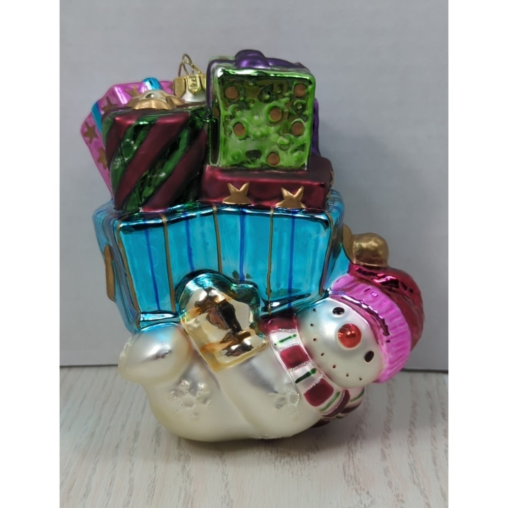 Fitz & Floyd Classic Blown Glass Christmas ornament Snowman with Gifts Presents